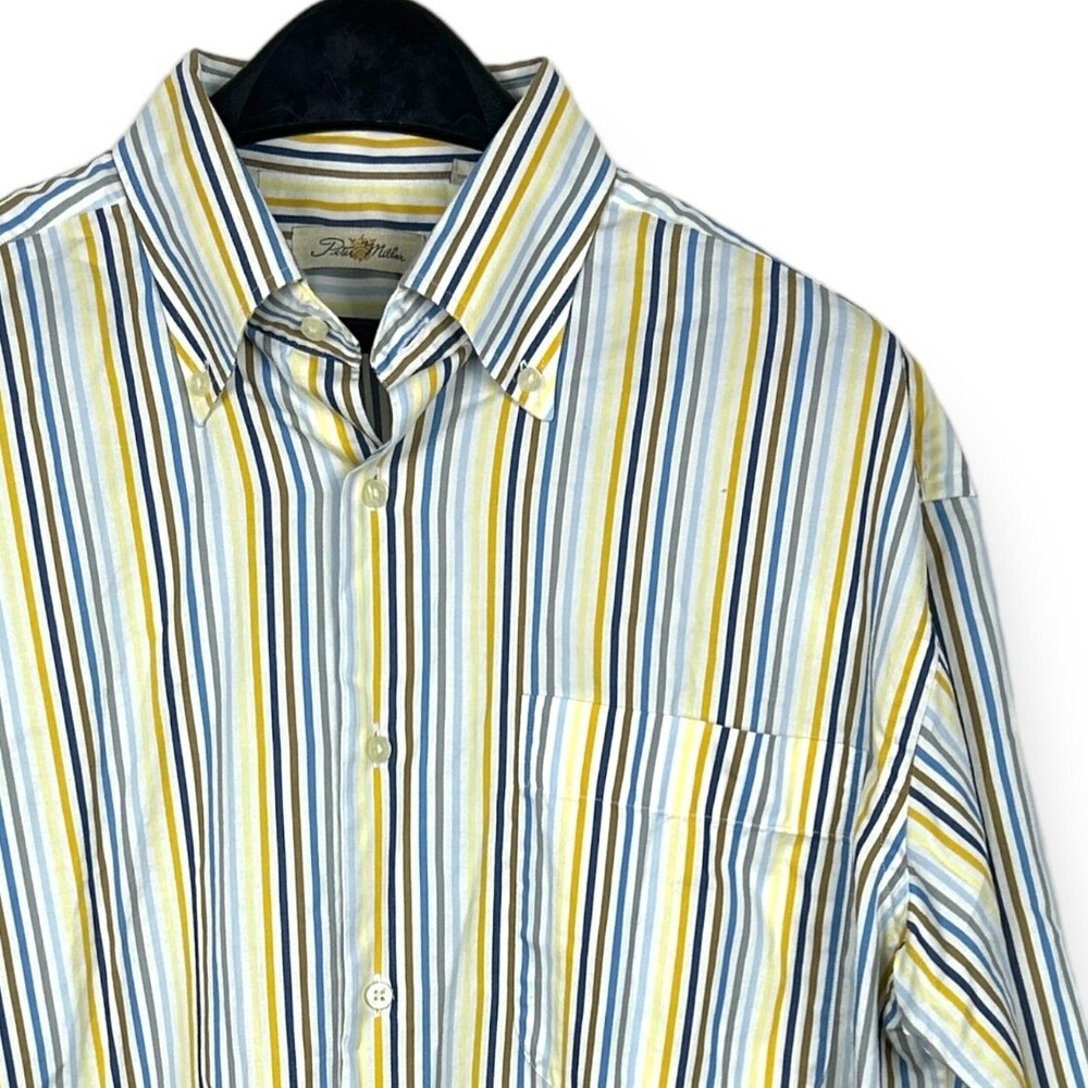 Peter Millar Short Sleeve Button Up Shirt Mens L Cotton Rainbow Striped Blue Red